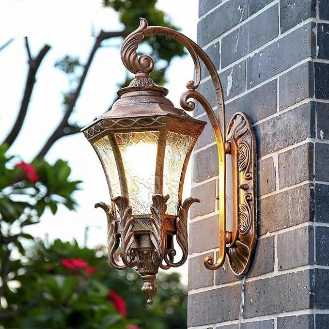 Outdoor Victorian Lantern Wall Light|Gold Brass Curved-Arm Hanging Sconce with Glass Shade for Gate, Porch, Garden & Balcony (Warm White, Bulb Included)