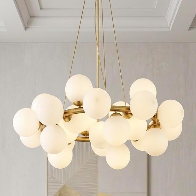 Modern Celestial Orbit Ring Chandelier|25-Light Frosted Glass Globe Ceiling Light|Gold Ring Chandelier for Living Room, Dining Room, Foyer & Hotel Interiors